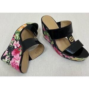 IMAN Black Patent Leather Floral Wedge Slip On Summer Sandals Size 8